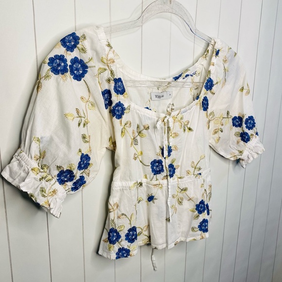 With Jean Floral Embroidery Milkmaid Belle Top Cotton Linen Cottage Vintage S - Picture 3 of 6